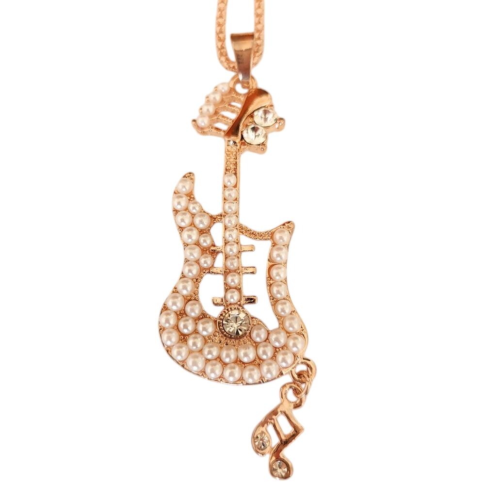 BETSEY JOHNSON bling statement chain Guitar crystal pearl necklace rose gold NEW